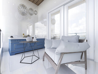 The bright and clean bathroom has bathtub and washstand