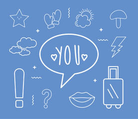 cute stickers line style set icons design, badges ornament and fashion theme Vector illustration