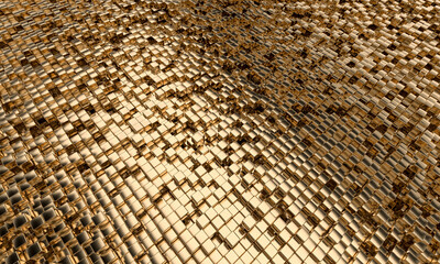 geometric mosaic cubes shape background gold color.