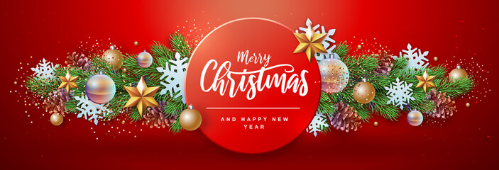 Merry Christmas and Happy New Year greeting card. Christmas holiday background with fir tree, snowflakes, glass balls, pine cones and stars