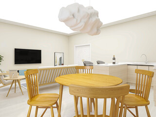 The dining room of modern design has wooden table and so on