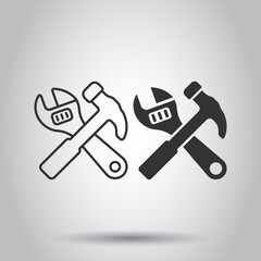 Hammer with wrench icon in flat style. Work instrument vector illustration on white isolated background. Repair equipment business concept.
