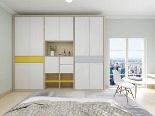 There is a closet in the cloakroom in the clean and tidy bedroom