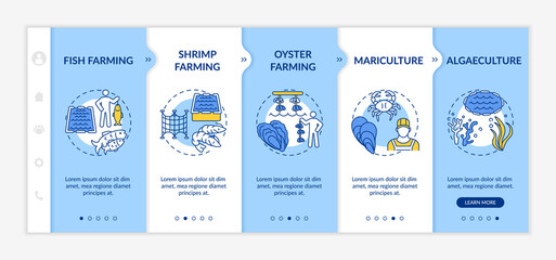 Aquaculture types onboarding vector template. Fish growing farms. Sea foods production idea. Responsive mobile website with icons. Webpage walkthrough step screens. RGB color concept