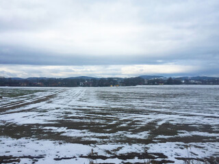 Snow covered field, Winter landscape in Czech republic