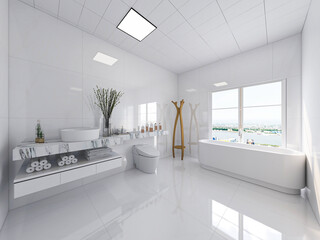 The bright and clean bathroom has bathtub and washstand