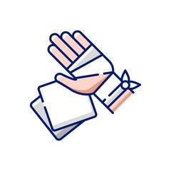 Gauze bandages and pads RGB color icon. Adhesive wrap for hand injury. Joint trauma. First aid kit. Damaged wrist hospital treatment. Injured patient help. Isolated vector illustration