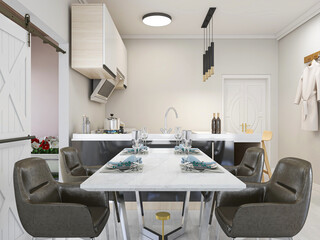 The dining room of modern design has wooden table and so on