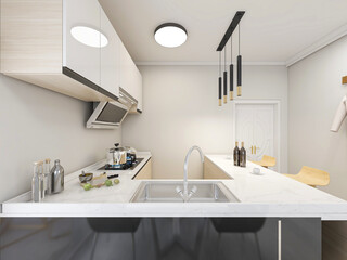 There are kitchenware, bar and so on in the modern open kitchen
