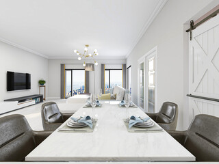 The dining room of modern design has wooden table and so on