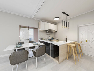 The dining room of modern design has wooden table and so on