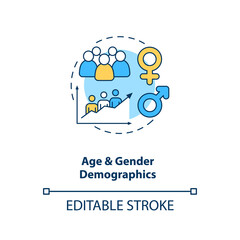 Age and gender demographics concept icon. Social media demographics idea thin line illustration. Target audience on network. Women and men. Vector isolated outline RGB color drawing. Editable stroke