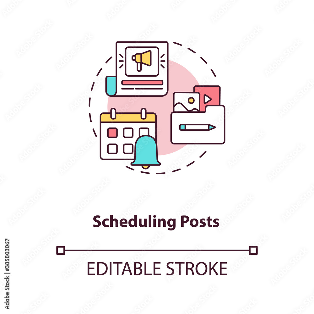 Poster scheduling posts concept icon. becoming nanoinfluencer tip idea thin line illustration. social media