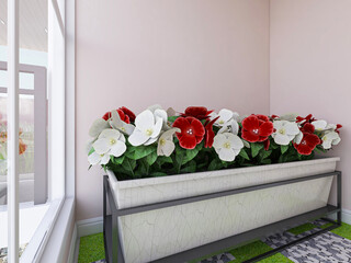 Clean and tidy balcony, there are tables, chairs, green plants and so on, very comfortable