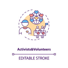 Activists and volunteers concept icon. Influencers type idea thin line illustration. Human rights. Social movement organizations, protests. Vector isolated outline RGB color drawing. Editable stroke