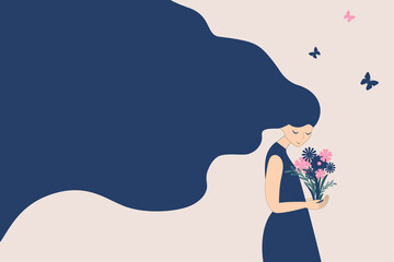 The girl with the bouquet. Long hair. Happy smiling face. A young woman. Women's Day