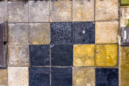 Mauritius, Black River, Tamarin, Helicopter view of square shaped salt pans