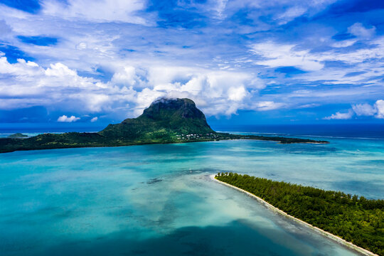 Mauritius, Black River, Tamarin, Helicopter view of Indian Ocean and Le Morne Brabant mountain