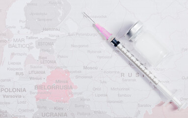 Conceptual image. Vaccine vial to protect from Covid-19 on the Map of Russia, covid-19 epidemic. Health and medical concept. To protect