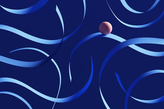 Three dimensional render of orange sphere rolling down blue ribbons