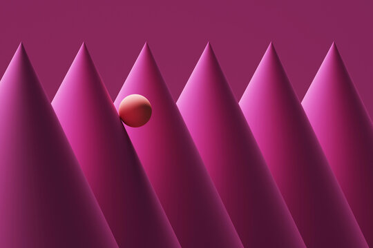 Three dimensional render of orange sphere rolling down pink cones
