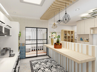 There are kitchenware, bar and so on in the modern open kitchen