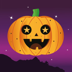 Happy pumpkins in a dark night. Halloween season - Vector