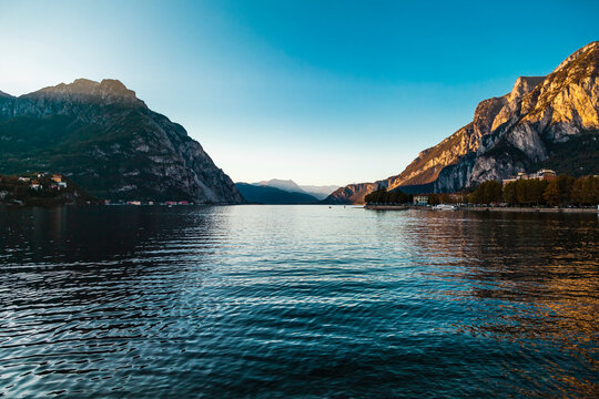 Idyllic scene of Lake Como against clear sky during sunset