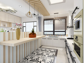 The modern spacious and bright open kitchen has kitchenware,