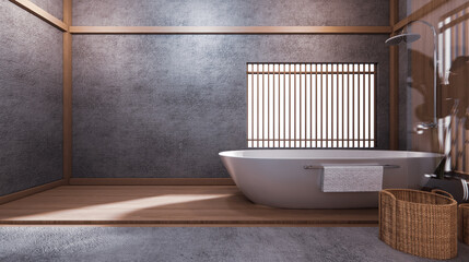 the bathtub in Japanese bathroom has a side pool design room is spacious And light in natural tones. 3D rendering