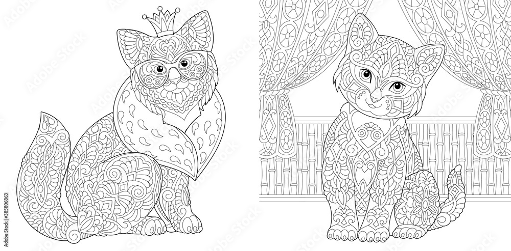 Wall mural Coloring page. Cute cats. Line art drawing for adult or kids coloring book in zentangle style. Vector illustration.