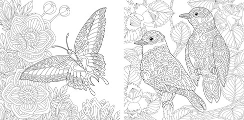 Coloring page. Butterfly and birds. Line art drawing for adult or kids coloring book in zentangle style. Vector illustration.