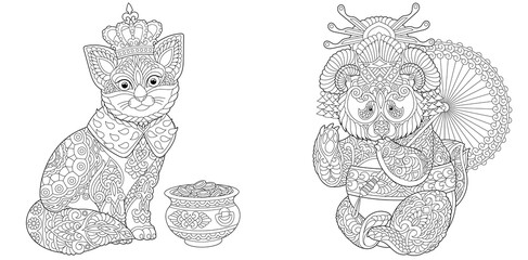Coloring page. King cat and panda geisha. Line art drawing for adult or kids coloring book in zentangle style. Vector illustration. © Sybirko