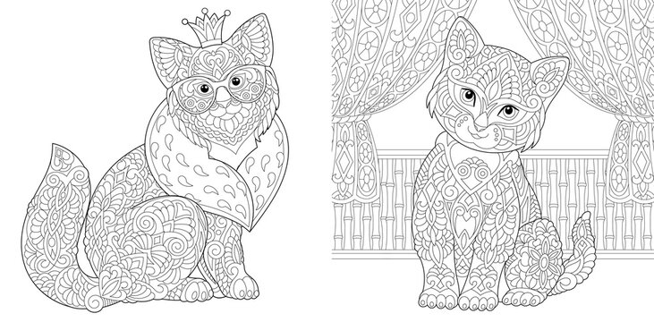 Coloring page. Cute cats. Line art drawing for adult or kids coloring book in zentangle style. Vector illustration.