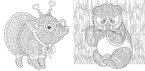 Coloring page. Cute pig and panda bear. Line art drawing for adult or kids coloring book in zentangle style. Vector illustration.