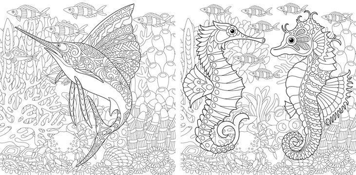 Coloring page. Underwater world. Line art drawing for adult or kids coloring book in zentangle style. Vector illustration.