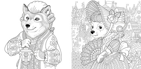 Coloring page. Wolf man and dog woman. Line art drawing for adult or kids coloring book in zentangle style. Vector illustration.