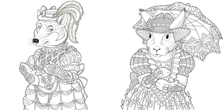 Coloring page. Fox and bunny women. Line art drawing for adult or kids coloring book in zentangle style. Vector illustration.