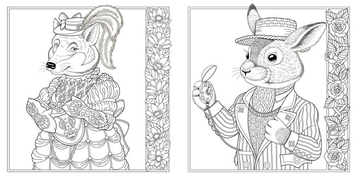Coloring page. Fox girl and rabbit man. Line art drawing for adult or kids coloring book in zentangle style. Vector illustration.