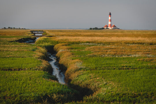Germany, Schleswig-Holstein, Westerhever, Stream flowing through grassy terrain with Westerheversand Lighthouse in background