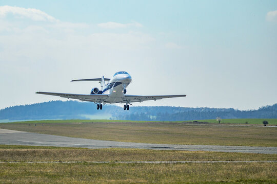 PRIBRAM, CZECH REPUBLIC - 7th April 2020. Pilatus PC-24 twin-engine business jet aircraft take-off from small airport in Czech.