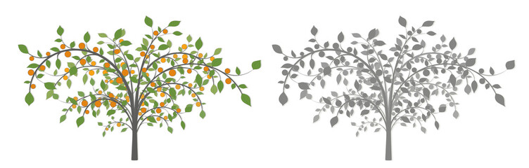 Tree with green leaves and red fruits of different sizes in two versions on a white background