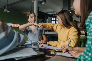 Teenage girls studying together at home, doing fist bump