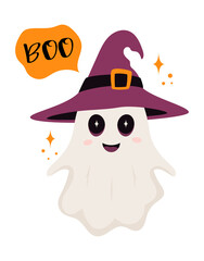 halloween card with cute ghost in witch hat