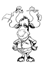 Hand-Drawn picture of a fat moose wearing clothes and different hats on his antlers