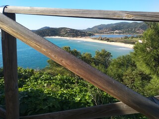 Mediterranean seascape, coastline and turquoise water from Chia tower in Sardinia, Italy 