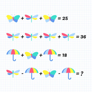 Mathematical Addition Subtraction Puzzle with butterfly, dragonfly, and umbrella. System of equations. Math game with pictures for children, middle level, education game for kids, preschool worksheet 