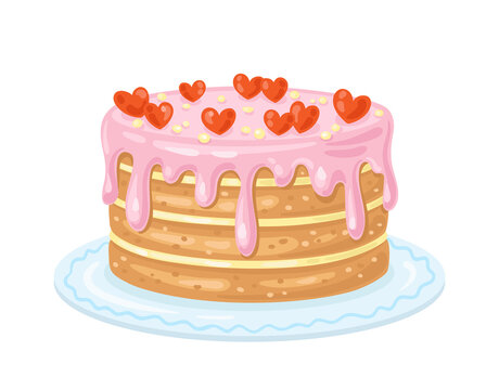 Big, beautifully decorated cake with hearts. In cartoon style. Isolated on white background. Vector illustration.