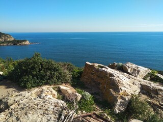 Fototapeta na wymiar Peaceful mediterranean seascape from Chia tower's hill on a winter sunny day