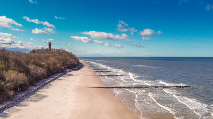 Beach at polish seaside, bird's eye view, made with drone, Baltic sea, Niechorze, Poland